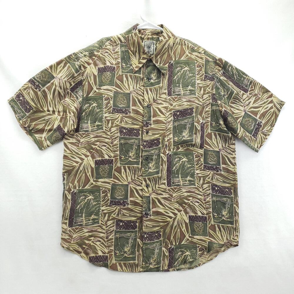 Roundtree & Yorke Shirt Mens Medium Brown Green Silk Hawaiian Palm Pineapple